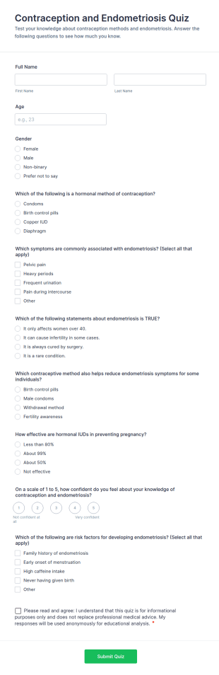 Contraception And Endometriosis Quiz Form Template