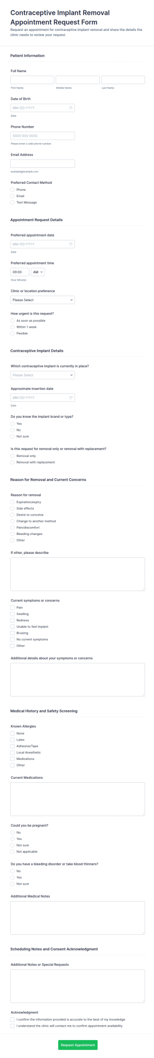 Contraceptive Implant Removal Appointment Request Form Template