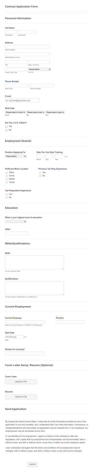 Contract Application Form Template