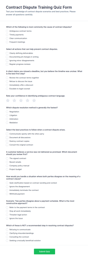 Contract Dispute Training Quiz Form Template