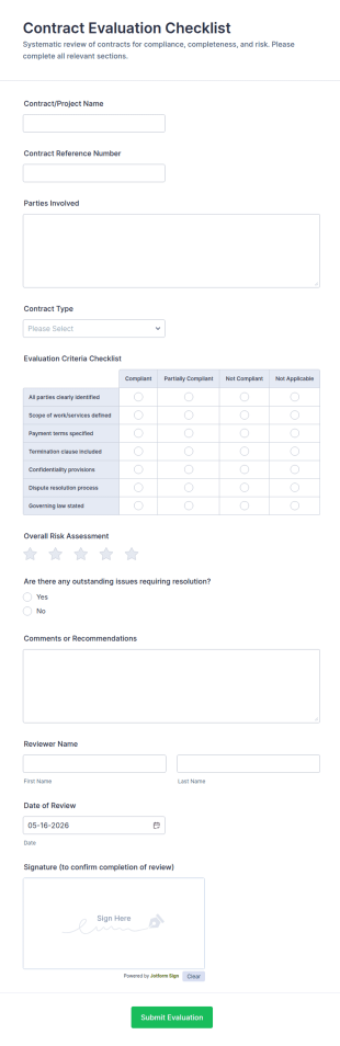 Contract Evaluation Checklist Form Template