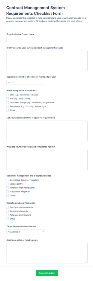 Contract Management System Requirements Checklist Form Template