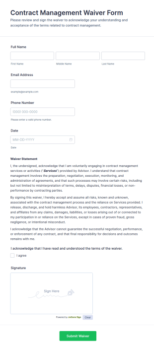 Contract Management Waiver Form Template