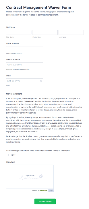 Contract Management Waiver Form Template