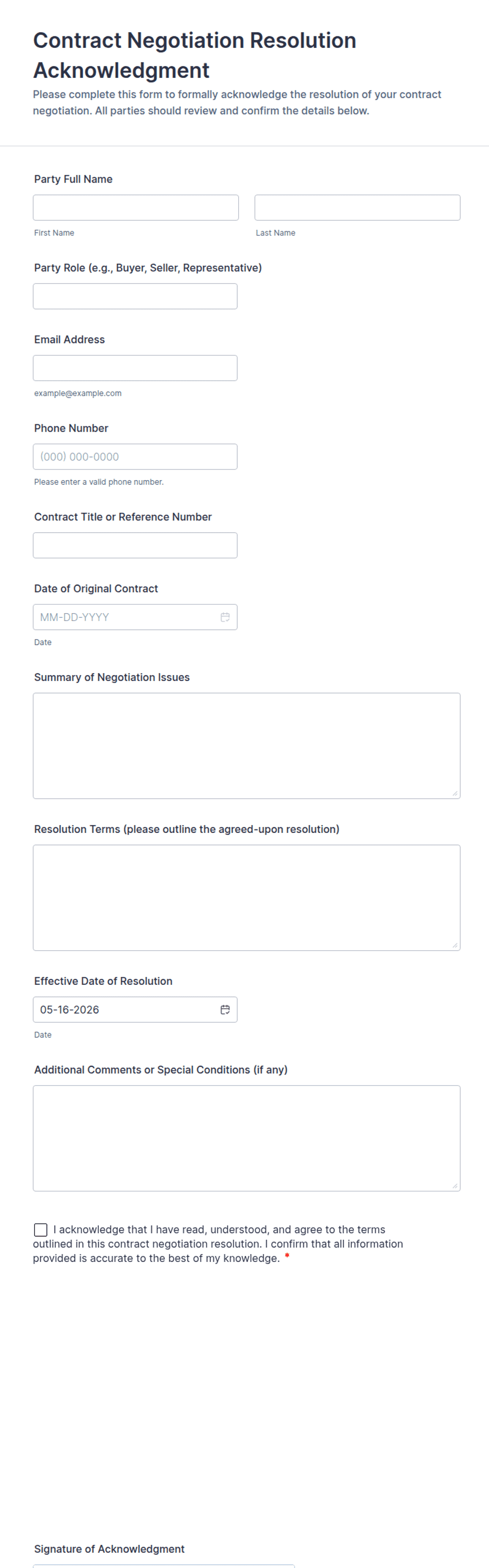 Contract Negotiation Resolution Acknowledgment Form Template | Jotform
