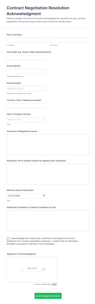 Contract Negotiation Resolution Acknowledgment Form Template
