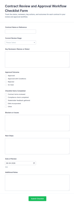 Contract Review And Approval Workflow Checklist Form Template