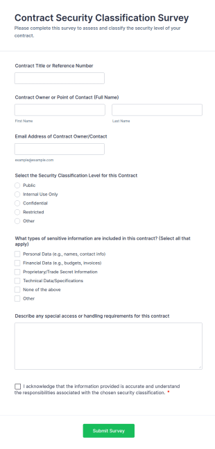 Contract Security Classification Survey Form Template