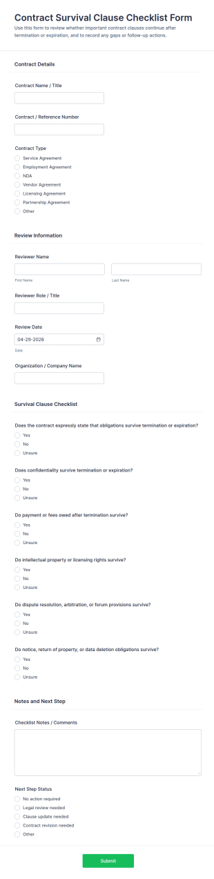 Contract Survival Clause Checklist Form Template