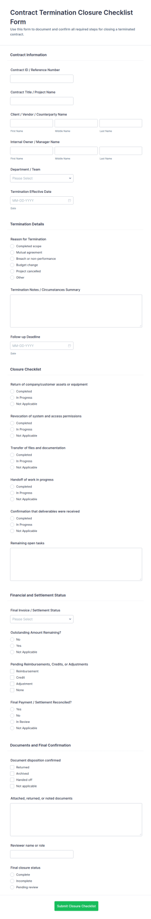 Contract Termination Closure Checklist Form Template