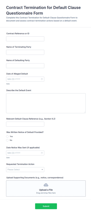 Contract Termination Default Clause Questionnaire Form Template