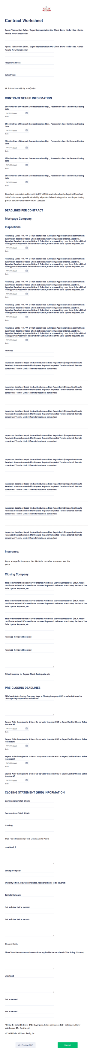 Contract Worksheet Form Template