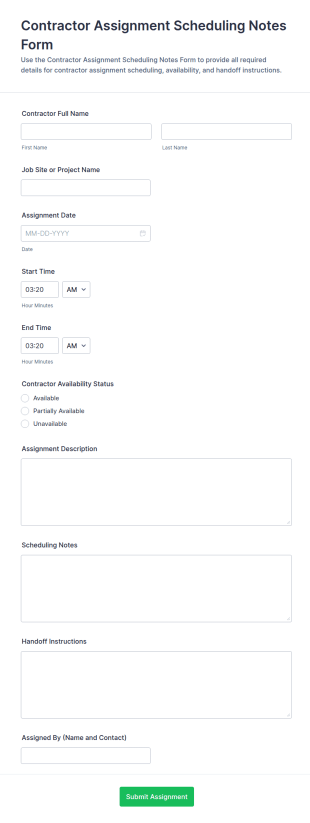 Contractor Assignment Scheduling Notes Form Template