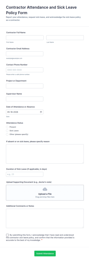 Contractor Attendance And Sick Leave Policy Form Template