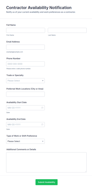 Contractor Availability Notification Form Template