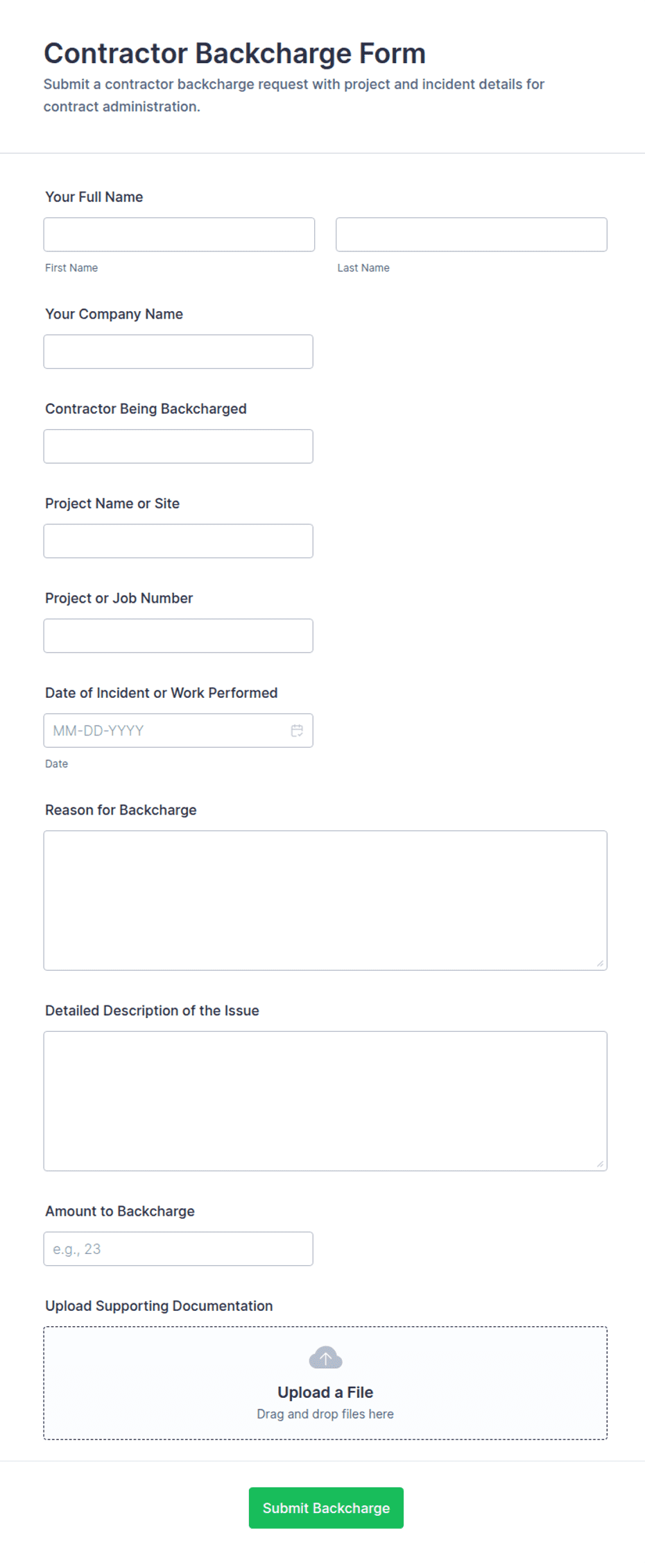 Contractor Backcharge Form Template | Jotform