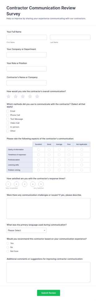 Contractor Communication Review Survey Form Template