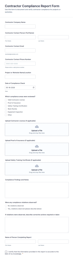 Contractor Compliance Report Form Template
