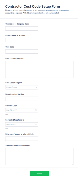 Contractor Cost Code Setup Form Template