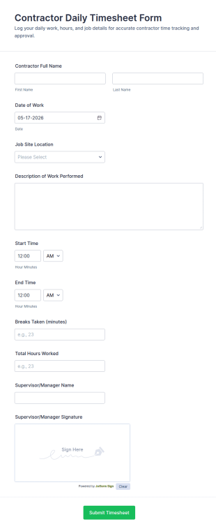 Contractor Daily Timesheet Form Template