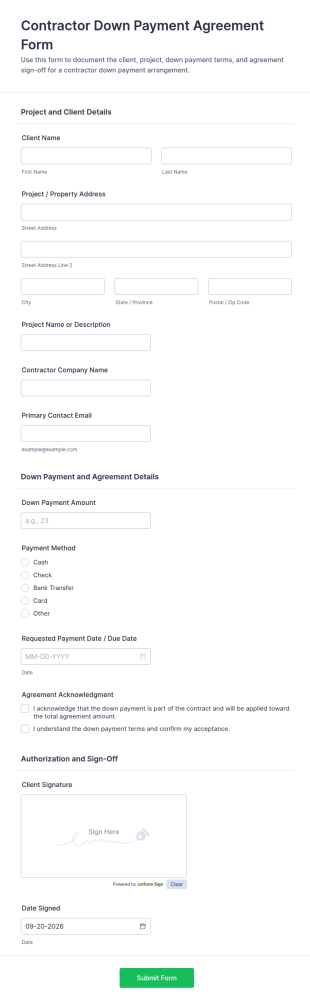 Contractor Down Payment Agreement Form Template