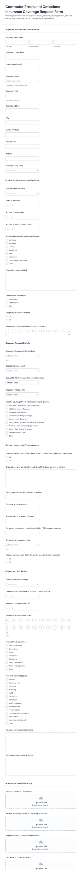 Contractor Errors And Omissions Insurance Coverage Request Form Template