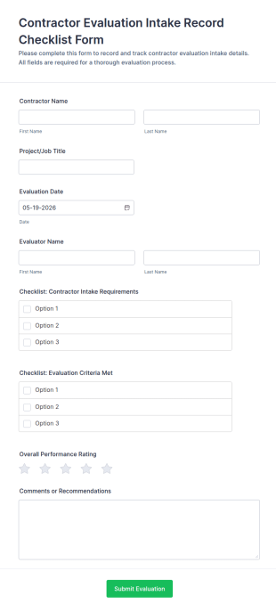 Contractor Evaluation Intake Record Checklist Form Template