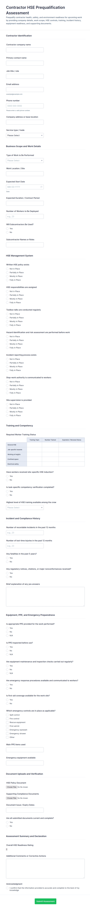 Contractor HSE Prequalification Assessment Form Template