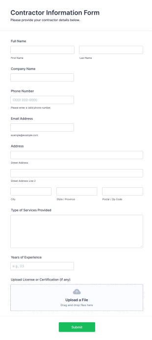 Contractor Information Form Form Template