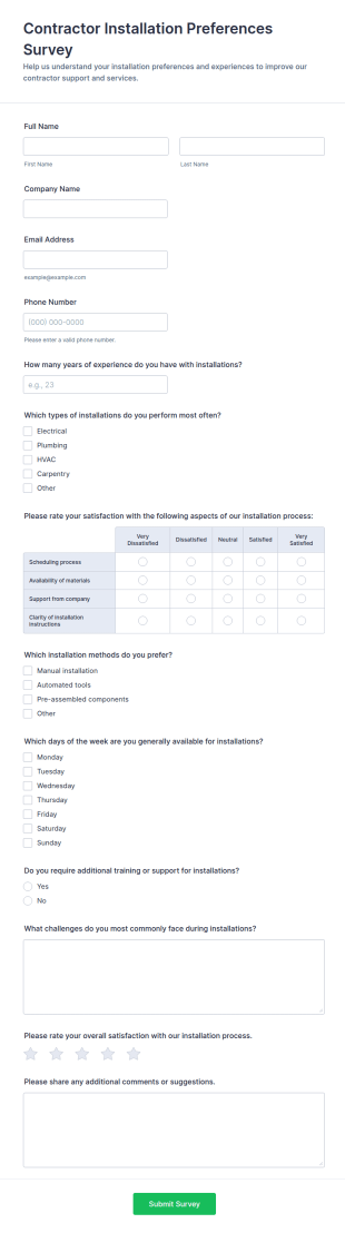 Contractor Installation Preferences Survey Form Template