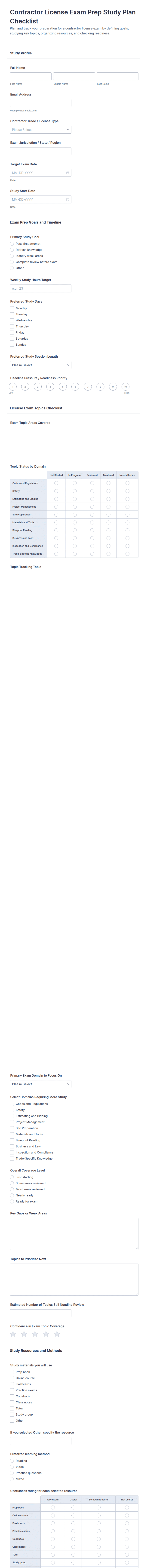 Contractor License Exam Prep Study Plan Checklist Form Template | Jotform