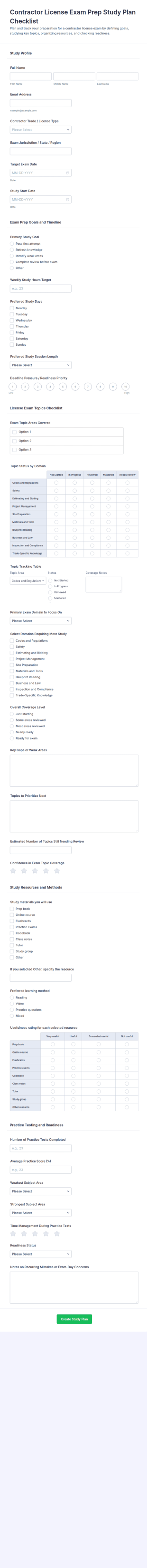 Contractor License Exam Prep Study Plan Checklist Form Template