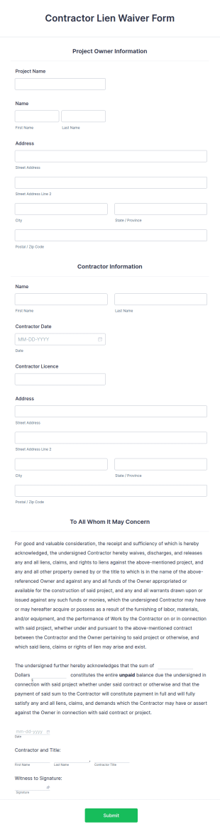 Contractor Lien Waiver Form Template