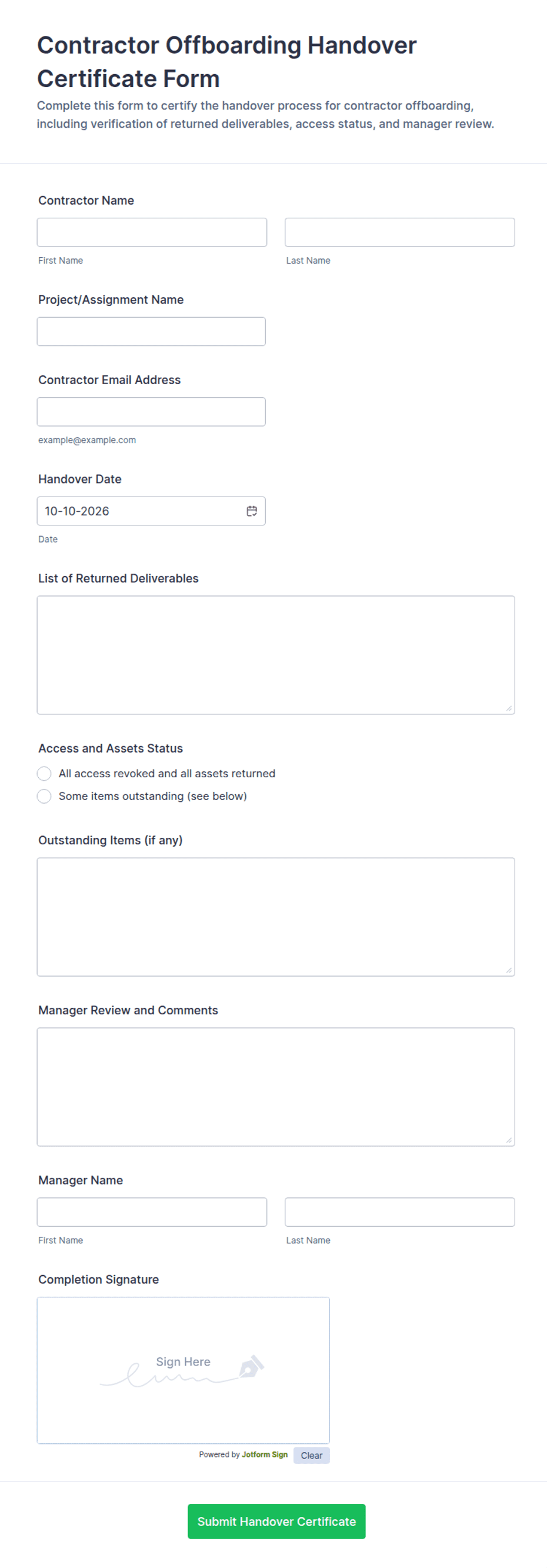 Contractor Offboarding Handover Certificate Form Template | Jotform