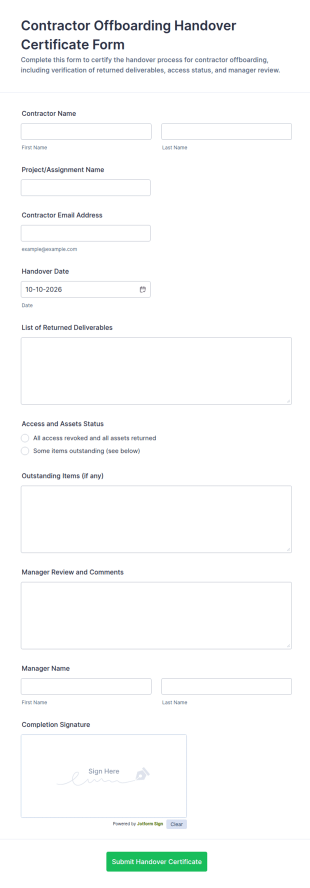 Contractor Offboarding Handover Certificate Form Template