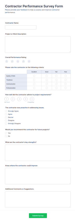Contractor Performance Survey Form Template