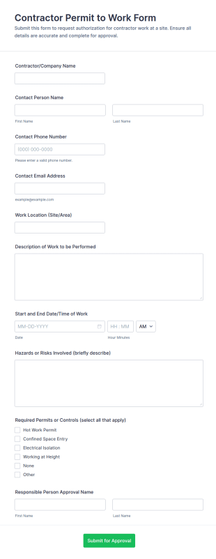 Contractor Permit To Work Form Template