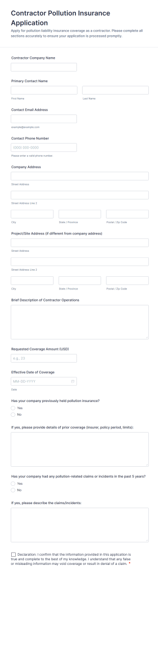 Contractor Pollution Insurance Application Form Template