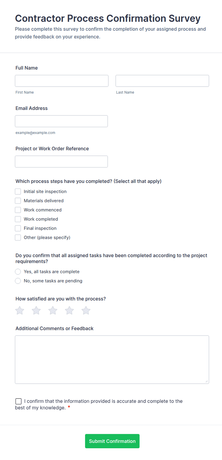 Contractor Process Confirmation Survey Form Template | Jotform