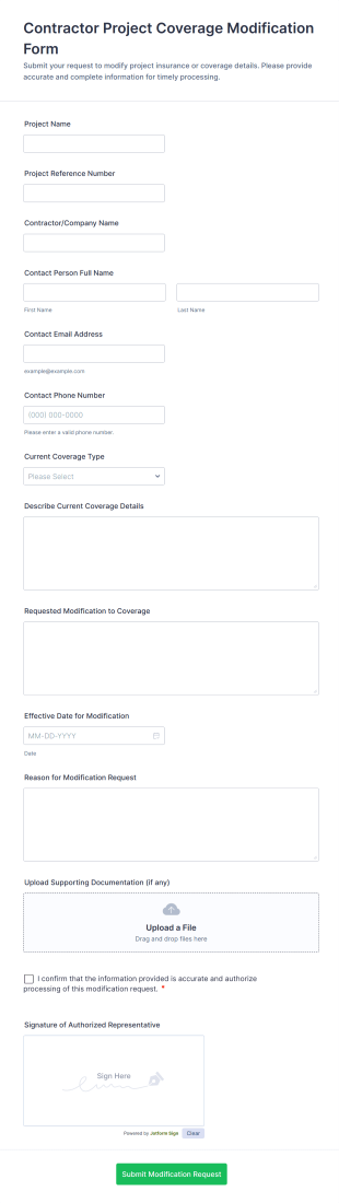 Contractor Project Coverage Modification Form Template
