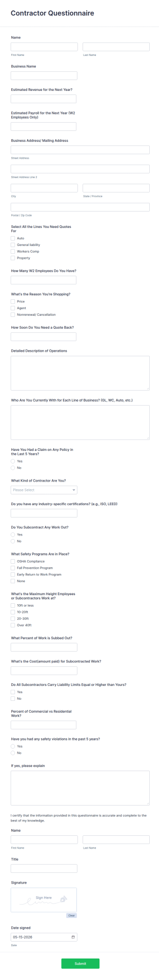 Contractor Questionnaire Form Template