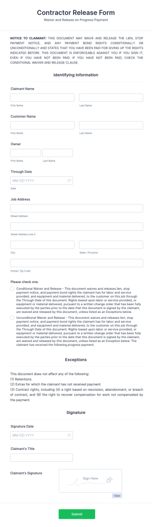 Contractor Release Form Template