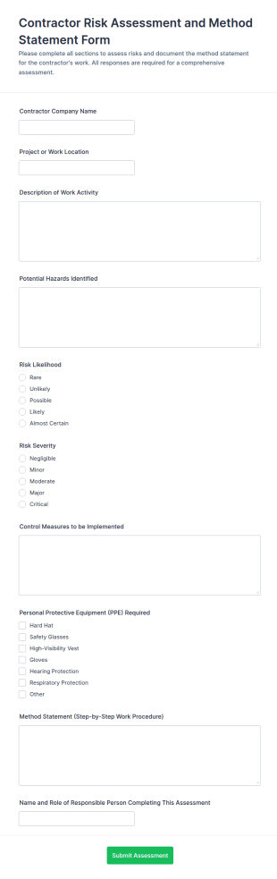 Contractor Risk Assessment And Method Statement Form Template