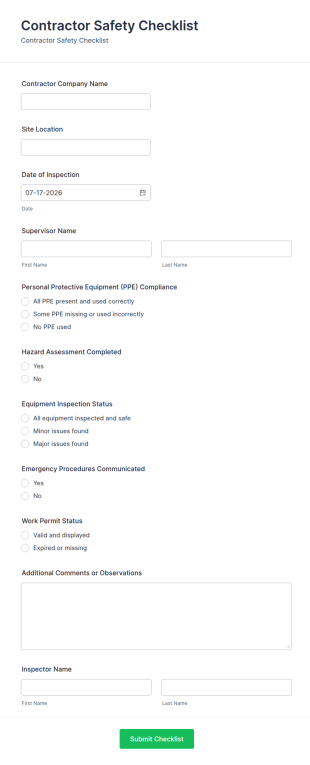 Contractor Safety Checklist Form Template