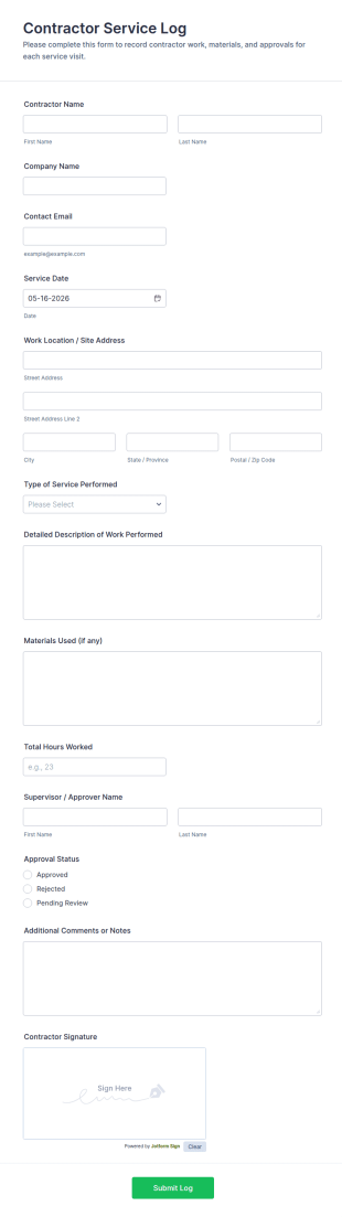 Contractor Service Log Form Template
