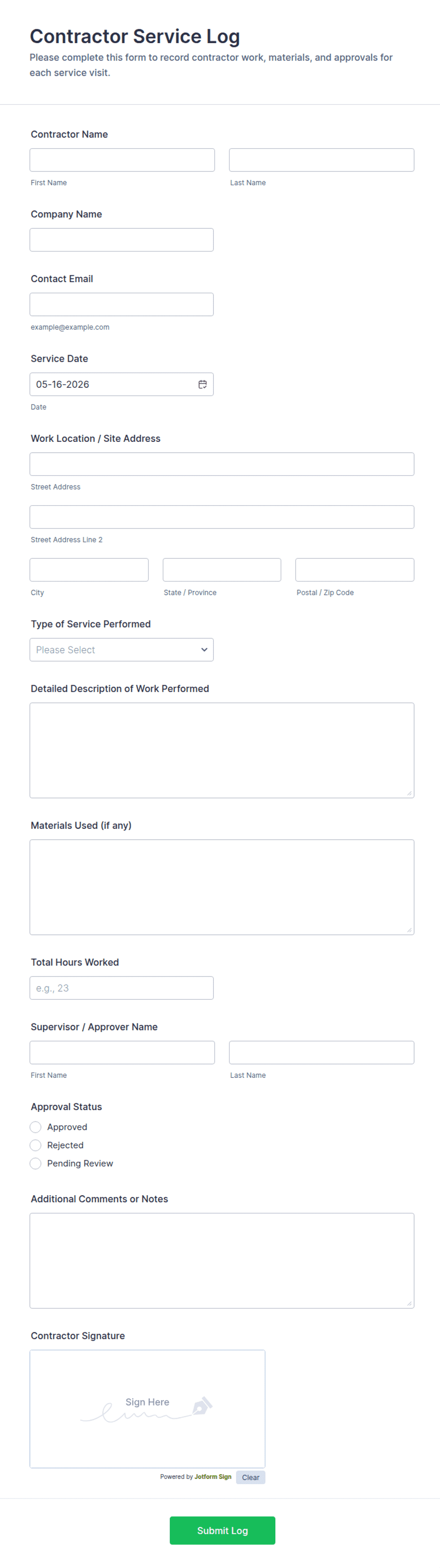 Service Contract Rio Log Contractor Service Log Form Template | Jotform