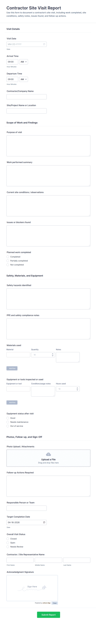 Contractor Site Visit Report Form Template