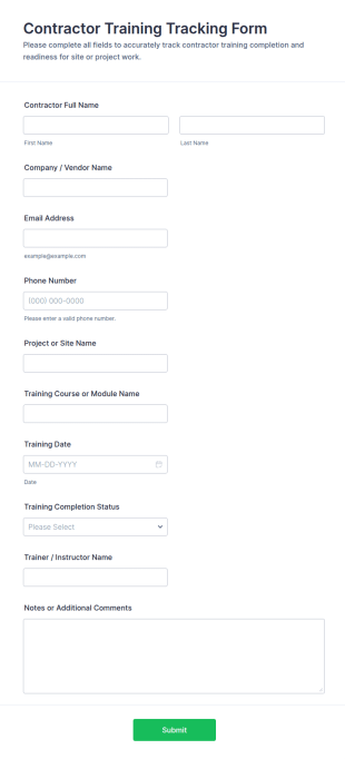 Contractor Training Tracking Form Template