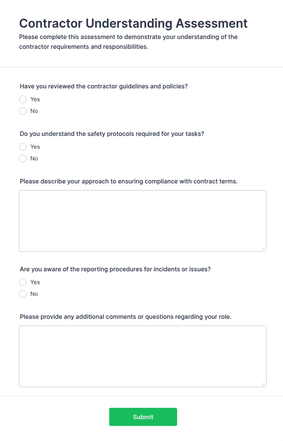 Understanding Form Contractor Understanding Assessment Form Template | Jotform