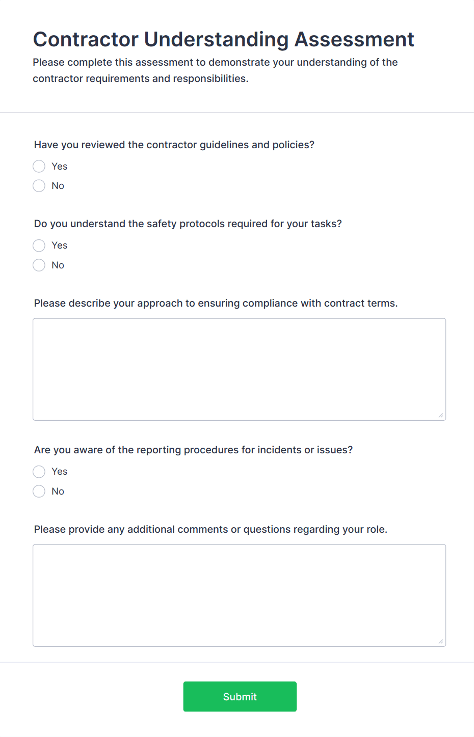 Contractor Understanding Assessment Form Template | Jotform